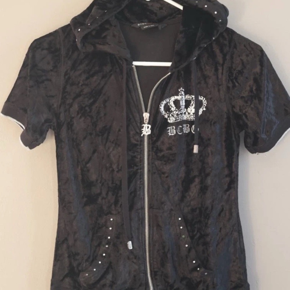 Y2K Black Velour Hoodie with Silver Crown Design and BLING!